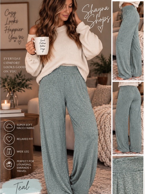 Zenana Outfitters Pants - Cozy Wide-Leg Hacci Pants — Teal